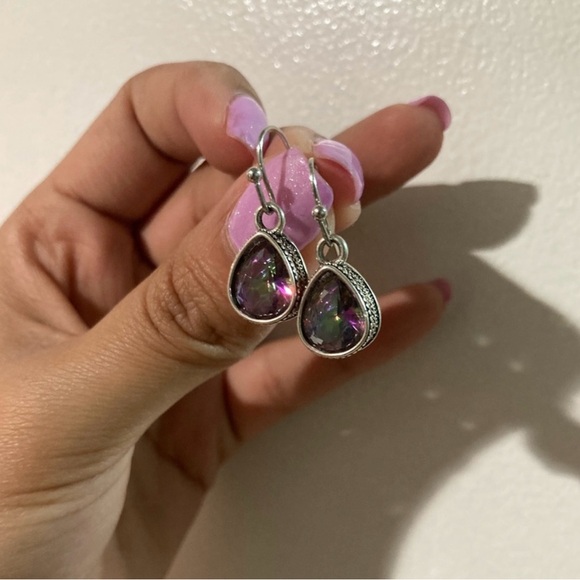 Amethyst Purple Teardrop Crystal Dangle Gemstone Tear Dainty Drop Earrings - Picture 6 of 7